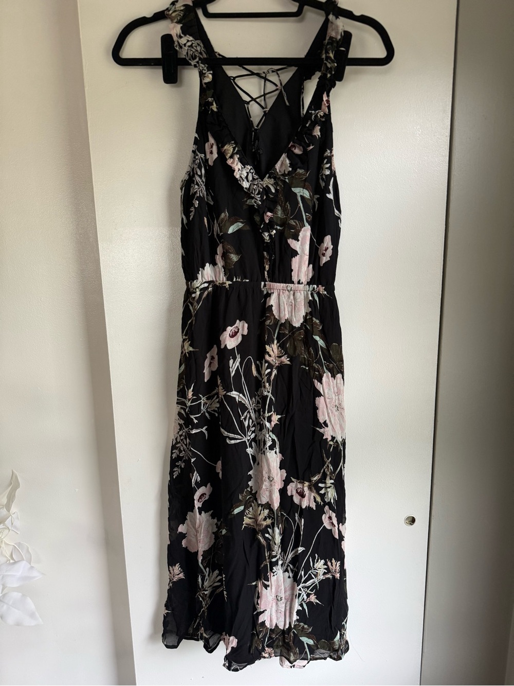 Lucky Brand Black Midi Dress with Pale Pink Floral Print and Lace-Up Back
